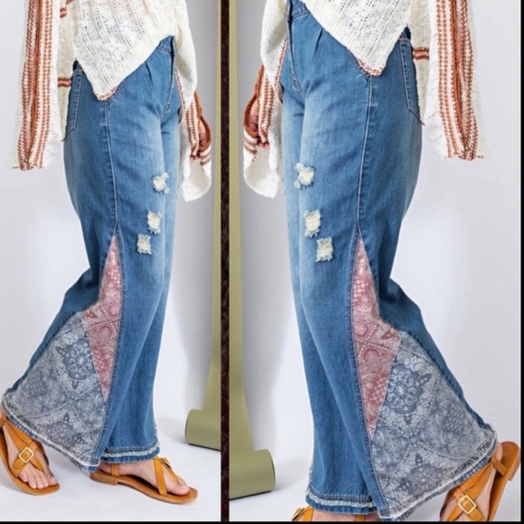 Private Label Denim - Bohemian Patchwork Flare Wide Leg Light Washed Jeans